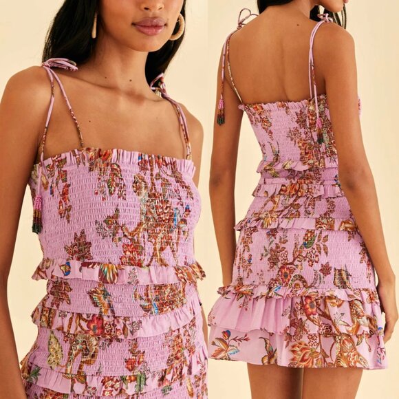 NWT Farm Rio Mini Dress Floral Monkey Lilac Smocked Ruffles Thin Shoulder Strap - Picture 2 of 6